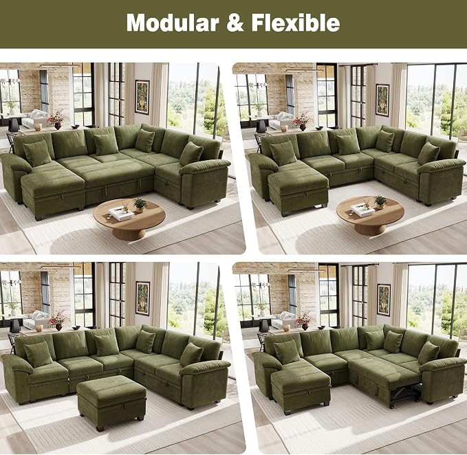 Ihanherry 108" Modular Sectional Sofa with Pull Out Bed, 7-Seater L Shaped Sectional Sleeper Couch with Storage, Chenille Convertible Couches for Living Room, Apartment (Green)