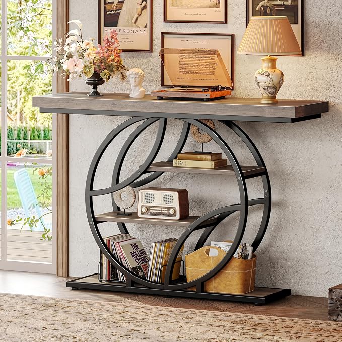 Huuger 47.2 Inch Entryway Table, Industrial Console Sofa Table with Storage, Accent Table with Shelves, for Entry, Hallway, Entrance, Foyer, O-Shaped Metal Frame, Grey