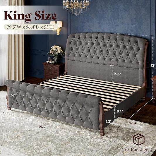 AMERLIFE Upholstered King Bed Frame, 53" Tall Sleigh Bed with Button Tufted Chenille Headboard and Footboard, Platform Bed with Carved Solid Wood Legs, No Box Spring Needed, Dark Gray