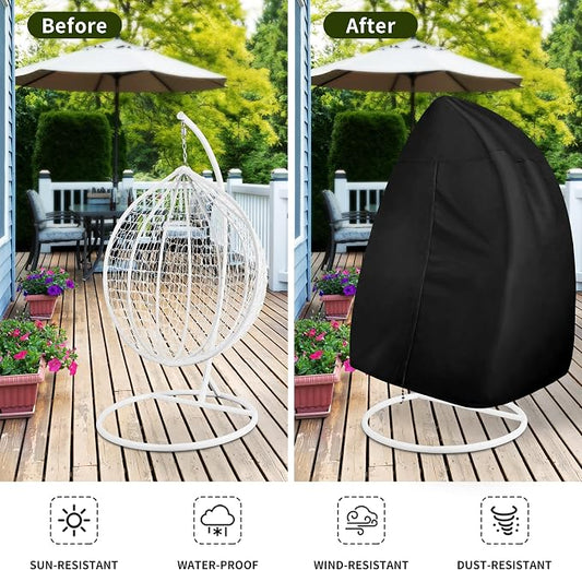 Easy-Going Patio Hanging Egg Chair Cover, UV Resistant Waterproof Outdoor Double Seat Swing Chair Cover with Zipper, Black
