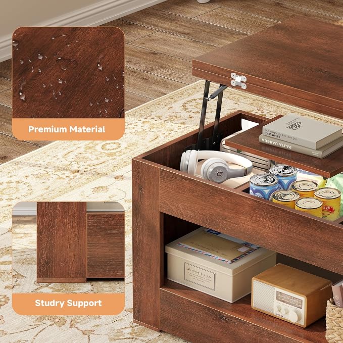 UNIQUITE 40" Lift Top Coffee Table, 4 in 1 Multi-Function Lift Coffee Tables with Storage and Hidden Compartment, Convertible Wood Coffee Tables to Dining Table for Living Room, Walnut