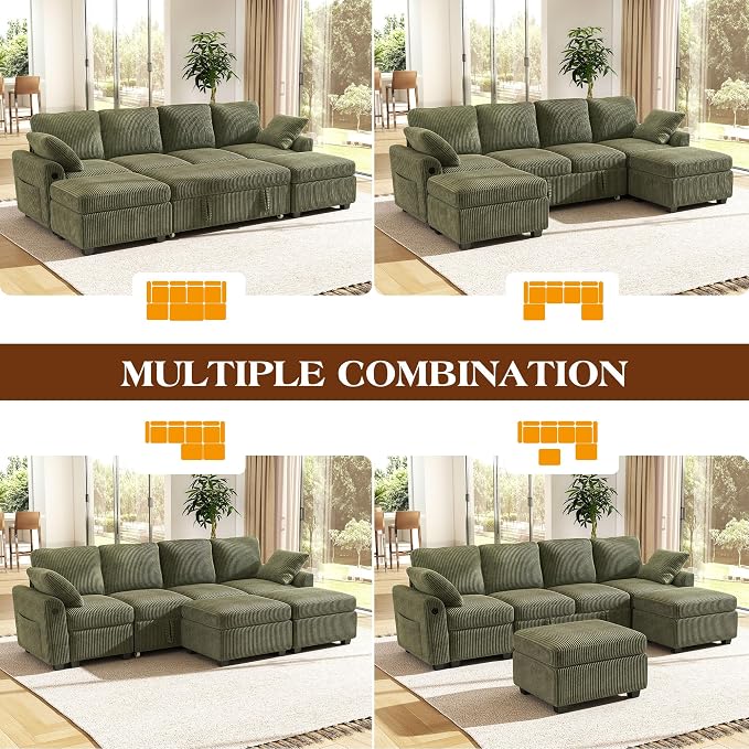 Ihanherry 6-Seater Large Sectional Sofa Bed with Storage Ottoman, Corduroy Reversible Modular Sleeper Sofa Couch with USB Port, 104" L-Shaped Convertible Couch for Living Room(Green)