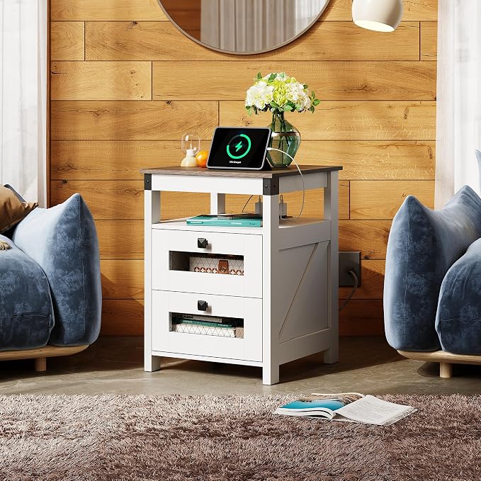 WLIVE Nightstand with Charging Station, Farmhouse End Table, Bed Side Table with 2 Storage Drawers and Open Shelf, Wood Rustic Nightstands for Bedroom, White
