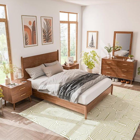 Furniture of America Wyatt Modern Solid Wood Bedroom Collection with Queen Bed Frame, Nightstands, Dresser with Mirror, No Box Spring Needed, Walnut, Standard Platform, 5-Piece Set