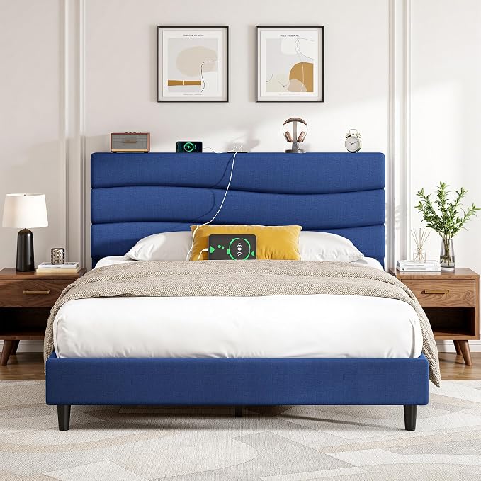 EnHomee Full Size Bed Frame with Adjustable Height Upholstered Headboard, 3 USB Charging Ports, Noise-Free Platform Bed, No Box Spring Needed,Navy Blue