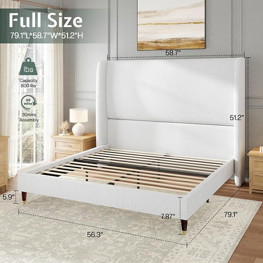 Jocisland Full Bed Frame 51.2" Wingback Headboard Linen Upholstered Platform Bed,Solid Wood Legs & Wooden Slats,No Box Spring Needed,Noise-Free,for Teen Room Small Bedroom Cozy Home,White