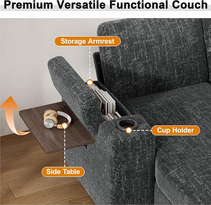 Vipbear Premium 86" Modular Sectional Sleeper Sofa, 5 Seat Sleeper Sofa with Pull Out Bed for Living Room, L Shaped Couch with Storage Chaise|USB Ports|Cup Holders|Storage Armrests|Side Table, Gray