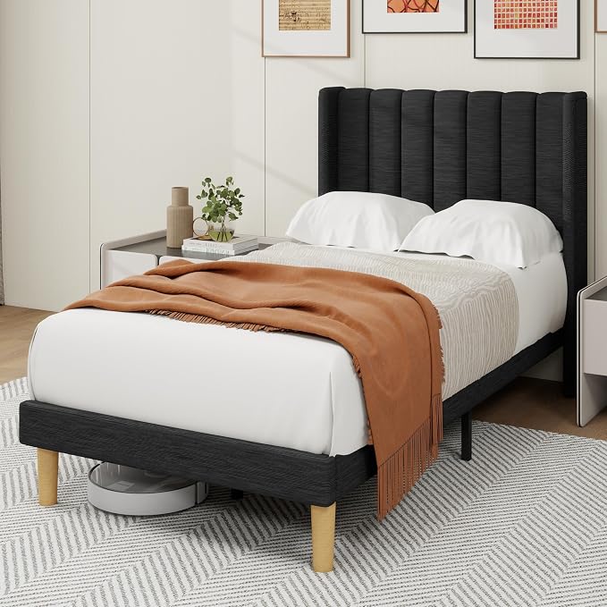 alazyhome Platform Bed Frame Twin Size with Upholstered Headboard, Solid Wood Slats Support, No Box Spring Needed, Noise Free, Easy Assembly, Modern Fabric Bed, Black