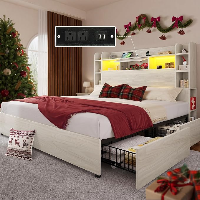 YITAHOME King Bed Frame with Bookcase Headboard and 4 Storage Drawers, RGB LED Light Bed with Type-C & USB Charging Station Storage Headboard Bed Frame, No Box Spring Needed, Noise Free, Antique White