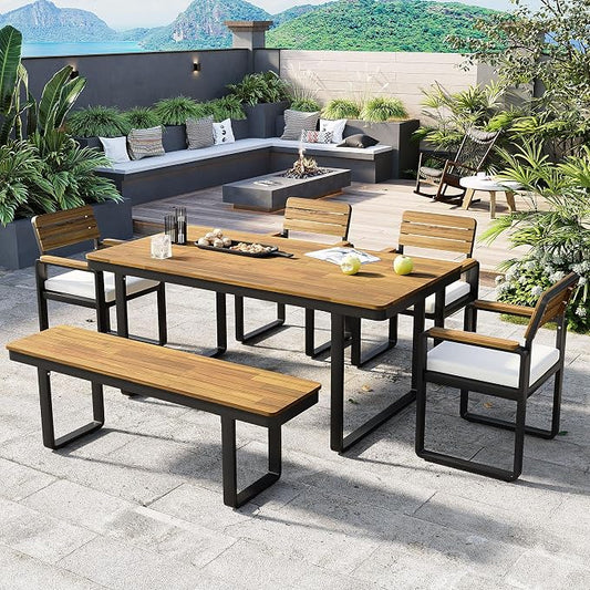 Quarte 6-Piece Outdoor Dining Set with 1 Acacia Wood Table and 4 Chairs & 1 Bench, Adjustable Feet for Patio, Garden, Backyard Family Meals BBQ Parties (Beige-AA)
