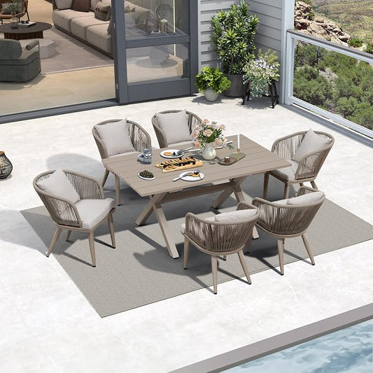 PURPLE LEAF 7 Pieces Patio Dining Set Wicker Outdoor Furniture Rectangular Table and Chairs Set for Garden Deck Aluminum Frame Backyard Kitchen Set, Cushions and Pillows Included Champagne