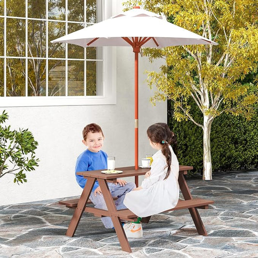 Costzon Kids Picnic Table, Wooden Childrens Table & Bench Set with Removable Umbrella, Kids Patio Furniture for Backyard, Garden, Kids Table and Chair Set for Outdoors (Natural)