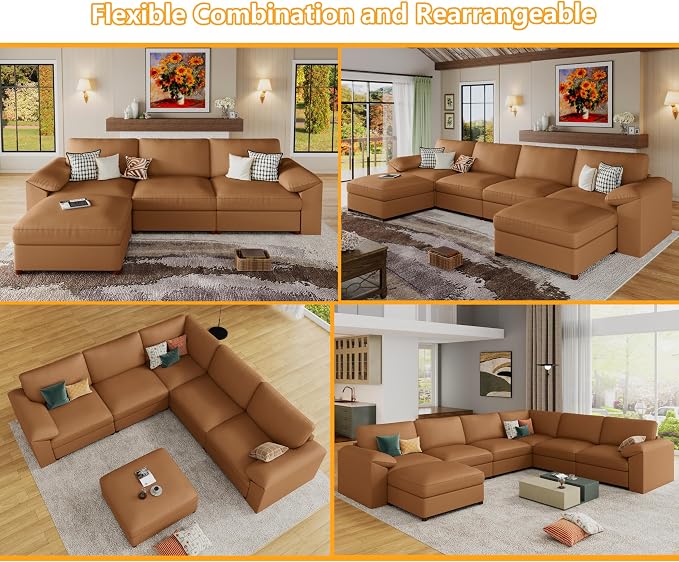 EASE MOOSE Leather Sectional Sofa,Modern Deep Seat Faux Leather Sectional,Extra Large L Shaped Couch,Oversized Modular Sofa,Comfy Scratch Resistant Material,Brown