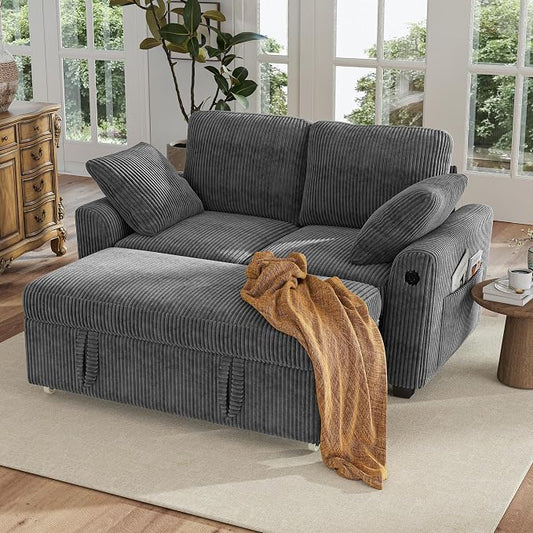 Hanherry 59" Loveseat Sofa with Pull Out Couch Bed, Corduroy 2-in-1 Convertible 2 Seater Sleeper Sofa with USB Charging,Comfy Love Seat for Small Spaces Living Room Apartment