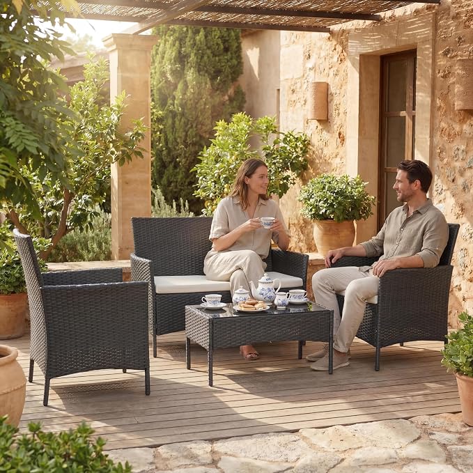 4 Piece Patio Furniture Set, Outdoor Deck Rattan Chair Wicker Combo Furniture, All Weather Dialogue Rattan Sofa with Upholstery and Glass Table for Garden, Backyard, Porch, Lawn, Pool, Black+White