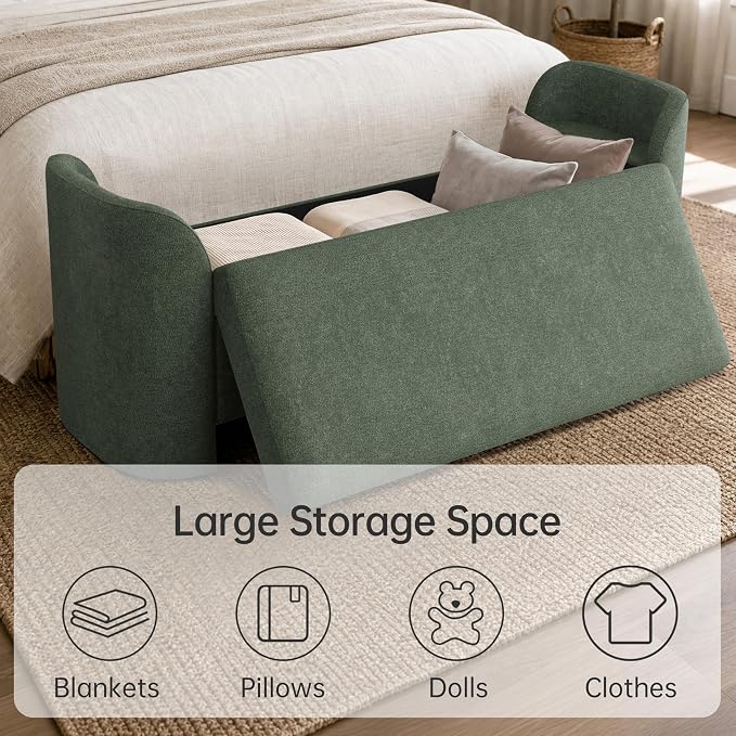 Usaint 58.3" Storage Ottoman Bench with Pillows, Upholstered End of Bed Bench with Arms, Footrest Stool Bench for Bedroom, Living, Window, Entryway and Hallway, Green
