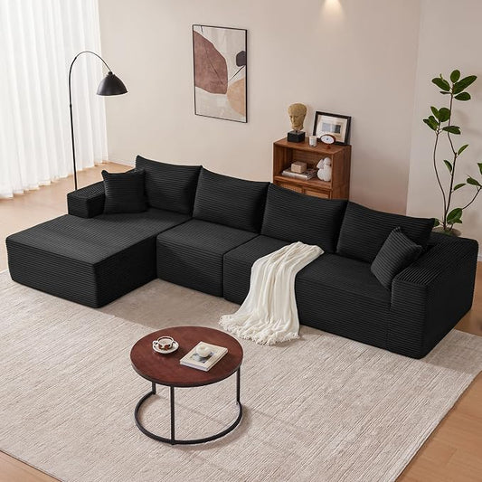 Mangodan 140” Cloud Sectional Couch, Modular Sectional Sofa with Deep Seat, Boneless Sofa for Living Room, Fluffy Comfy L-Shaped Couch with Left Facing Chaise, No Assembly Required, Black