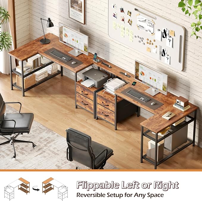 Korfile 49 Inch L Shaped Gaming Desk with Power Outlets and Type-C Port, Reversible Computer Office Desk with 2 Fabric Drawers & Mesh Shelves, Corner Desk for Study Work Writing Desk,Rustic Brown