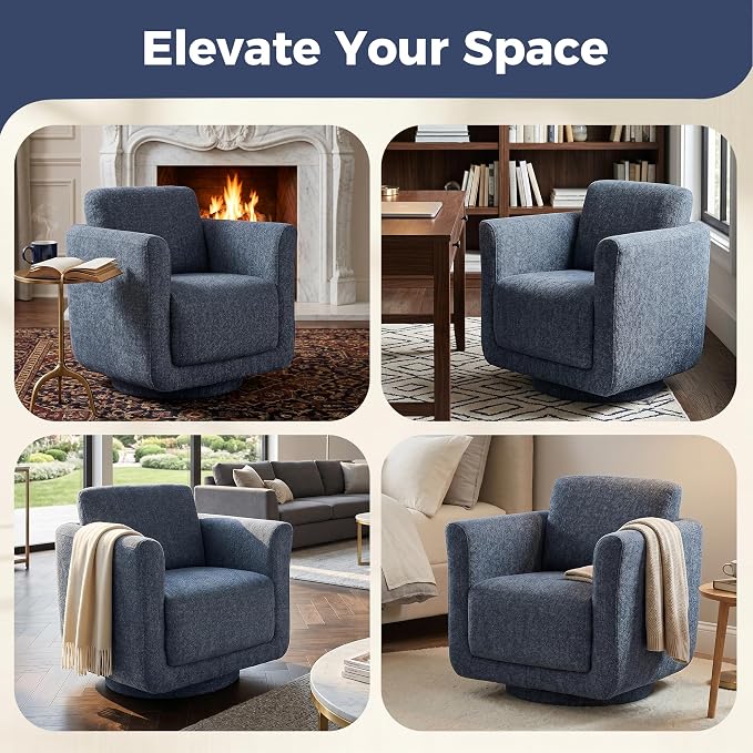 Swivel Accent Chairs Set of 2, Fully Assembled Barrel Chairs, Accent Chairs with Solid Wood Frame & Ergonomic Cushion, 360° Chenille Armchairs for Living Room & Bedroom, Blueberry Blue