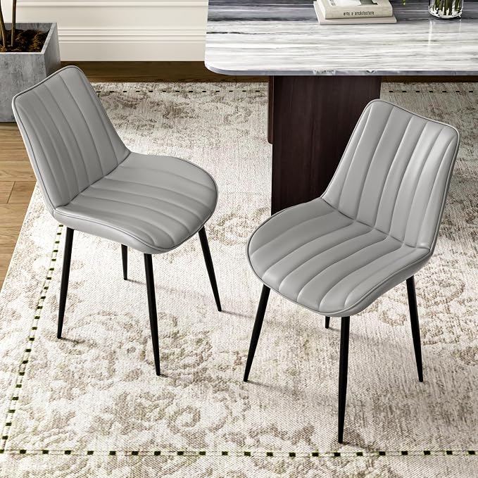 VECELO Dining Chairs Set of 2, Vegan Leather Fabric & Metal Frame, Mordern Style for Kitchen, Living Room,Offcie, Light Grey