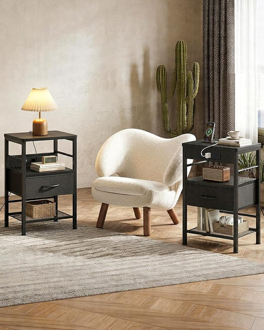 Lazzanto Nightstands Set of 2 with Charging Station, Bedside Tables with Open Shelf & Hooks, End Tables with USB-C USB-A Ports AC Outlets, Night Stand for Bedroom with Fabric Drawer, Black