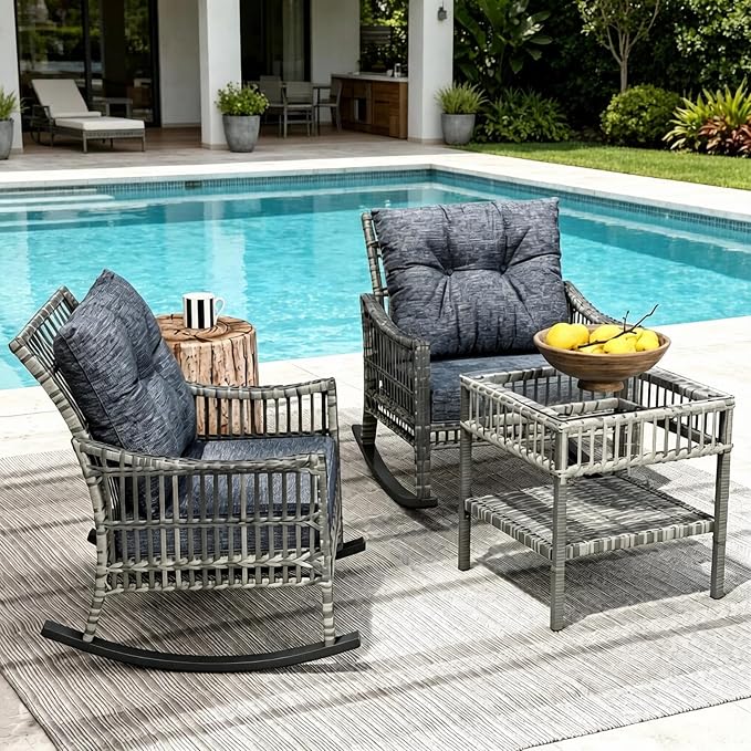 Patio Furniture Set, 3-Piece Wicker Rocking Chair & Coffee Table, Outdoor Conversation Set for Backyard, Small Patio, Porch
