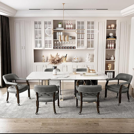 LEEMTORIG Set of 6 Large Dining Chairs with Casters and Arms, Rolling Dining Chairs with Wheels, Poker Table Chair, Boss Caption's Chair, 26"D x 25.2"W x 31.5"H, Espresso Legs & Dark Grey, XXY-1910-DG