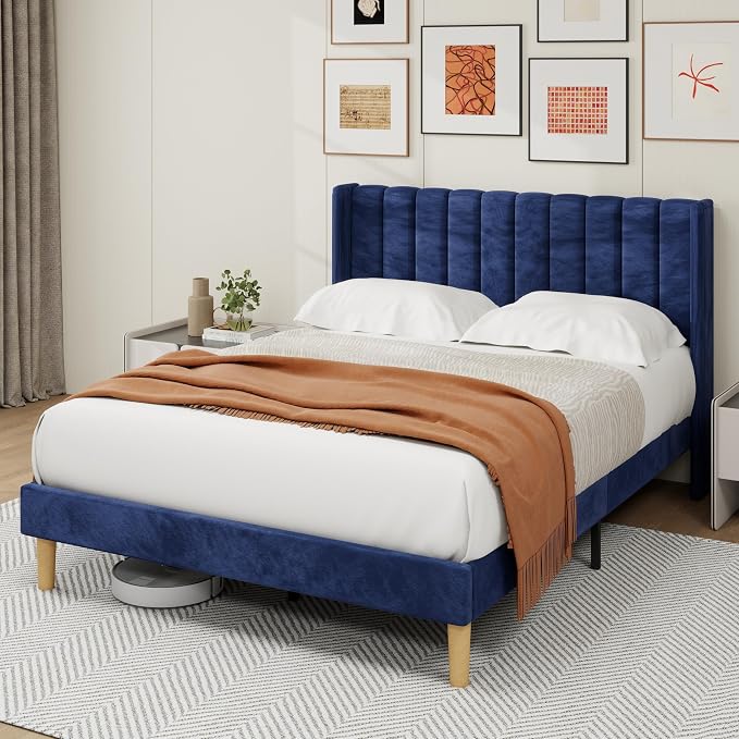 alazyhome Platform Bed Frame Queen Size with Upholstered Headboard, Solid Wood Slats Support, No Box Spring Needed, Noise Free, Easy Assembly, Modern Velvet Bed, Blue