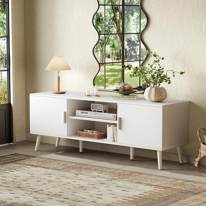 SUPERJARE TV Stand for 55 Inch TV, Entertainment Center with Adjustable Shelf, 2 Cabinets, TV Console Table, Media Console, Solid Wood Feet, Cord Holes, for Living Room, Bedroom, White
