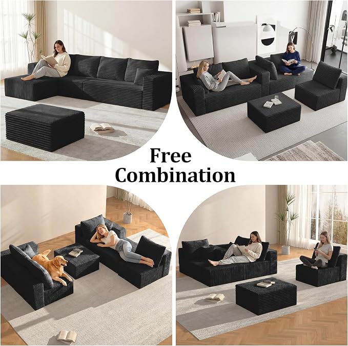 Black Sectional Couch with Ottoman, 92.5" Cloud Modular Couch for Living Room, Modern U-Shaped Sofa, No Assembly Required - Plush Corduroy Fabric & Deep Seat Comfort