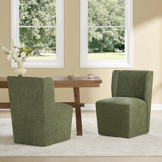 KISLOT Upholstered Dining Chairs Set of 1 with Casters, Wingback Modern Side Armless Deskchair with Rollers for Diningroom Bedroom Livingroom Reading Room, Green Fabric