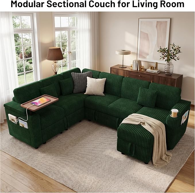 L-Shaped Sectional Sleeper Sofa with Pull Out Bed, Green | Plush Corduroy, Reclining Backrest, Storage Chaise, Usb Ports, Cup Holders & Table – Modular Cloud Couch for Living Room