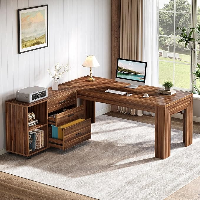 Tribesigns 63" L Shaped Desk with File Cabinet, Large Executive Office Desk with Rolling Filing Cabinet, Long Computer Table with Drawers, Business Furniture Set for Home Office, Light Walnut