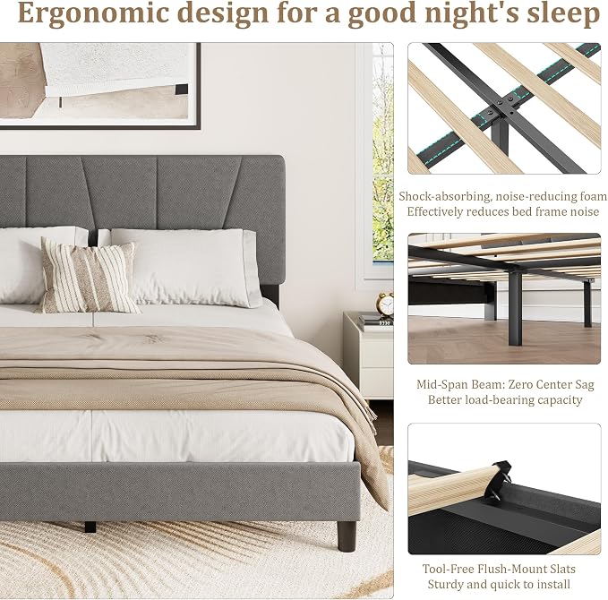 GarveeHome Full Size Bed Frame with Upholstered Headboard, Modern Fabric Platform Bed Frame with Wooden Slat Support, Adjustable Headboard, No Box Spring Needed, Noise-Free, for Bedroom