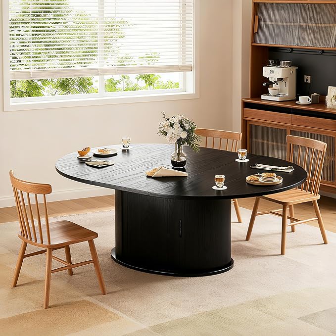 Wildhome Extendable Round Dining Table for 2-4-6, 63 Inch Dining Room Kitchen Table with 2-Tier Storage Shelf, Modern Farmhouse Fluted Wood Slide Door Dinner Furniture,Oval Circle,Black-63 Inch