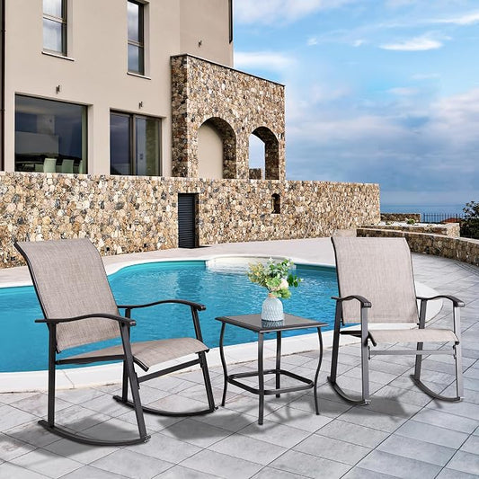 Vongrasig 3 Piece Outdoor Rocking Bistro Set, Textilene Fabric Small Patio Furniture Set, Front Porch Rocker Chairs Conversation Set with Glass Table for Lawn, Garden, Balcony, Poolside (Taupe)