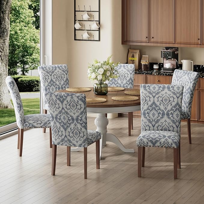 MALOL Dining Chairs Set of 4, High Back Dining Chair with Wood Legs and Nailhead Trim, Modern Padded Kitchen Room Chairs for Dining Room/Restaurant, White/Blue