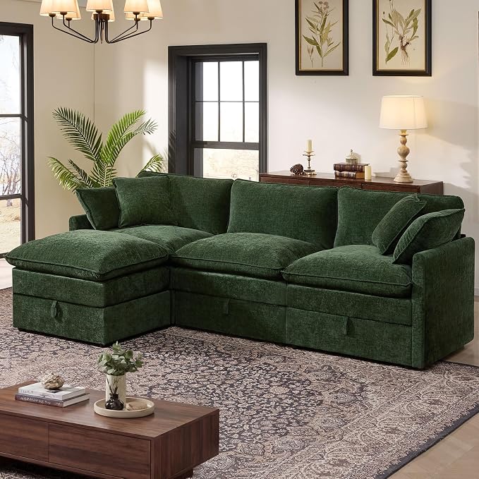 Ihanherry 103" Modular Sectional Sofa with Storage, L Shaped Cloud Couch with Movable Ottomans & 4 Pillows, Chenille Deep Seat Sectional Couches for Living Room, Apartment (Green)