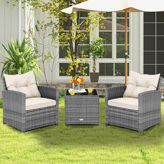 Tangkula 3 Pieces Patio Furniture Set, PE Rattan Wicker 3 Pcs Outdoor Sofa Set w/Washable Cushion and Tempered Glass Tabletop, Conversation Furniture for Garden Poolside Balcony (Mix Grey-White)