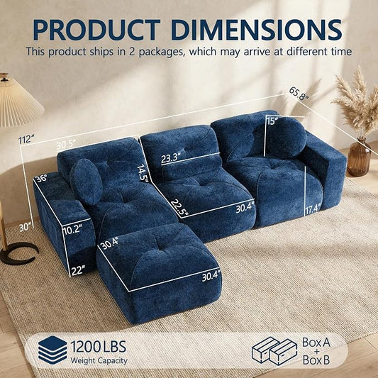 112" Modular Sectional Cloud Couch, L Shaped Sofa Boneless Couches with Movable Ottoman, 3 Deep Seat Modern Comfy Velvet Sofa for Living Room, Bedroom, Apartment (Blue)