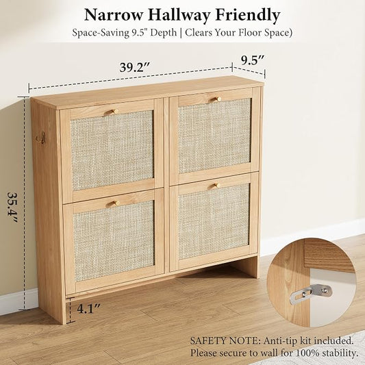 Nicetree Modern Rattan Shoe Cabinet, 4 Flip Drawers & Adjustable Shelves, Ultra Slim Freestanding (9.5” Deep), Holds 24+ Pairs, Narrow Shoe Storage Cabinet with Anti-Tip Safety,Sun-Drenched Ambe