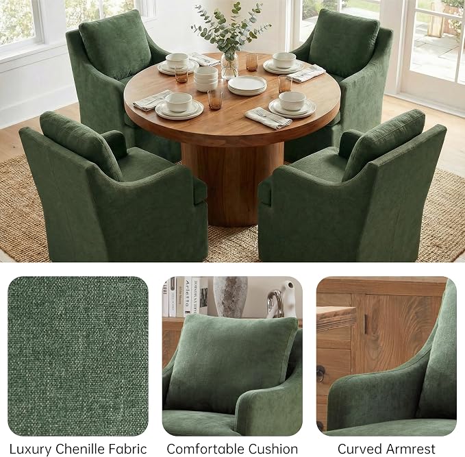 VKNOW Upholstered Dining Chairs Set of 6, Modern Kitchen Chairs Dining Room Chairs with 4 Casters, Chenille Armchair for Bedroom Reading Room Living Room, Green