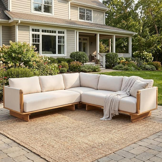 Merax 3 Piece Patio Outdoor Furniture Set, All-Weather V-Shaped Sectional Sofa with Cushions, Acacia Wood 5-Seater Couch Set for Porch, Lawn, Backyard, Balcony, Light Teak+ Beige