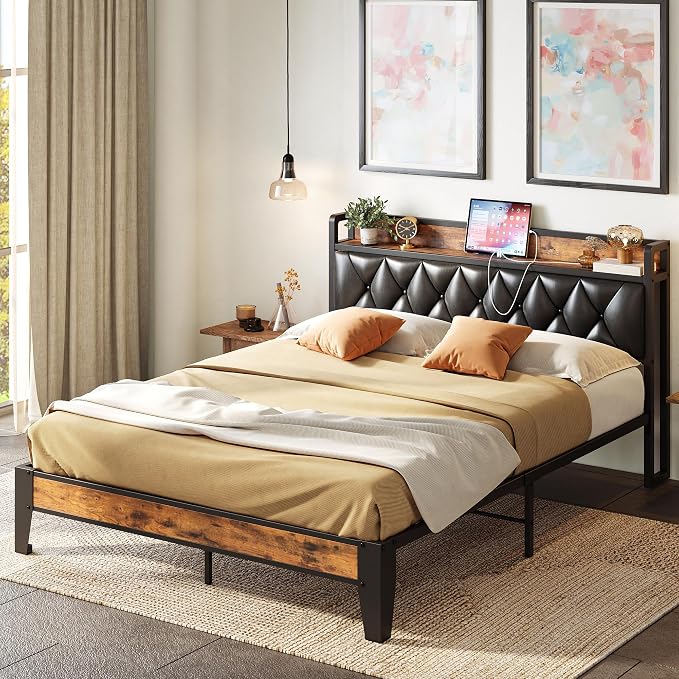 ANCTOR Full Bed Frame, Storage Headboard with Outlets, Easy to Install, Sturdy and Stable, No Noise, No Box Springs Needed, Rustic Brown and Black