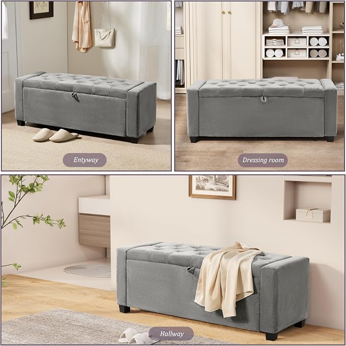 Royal Windsor Ottoman with Storage,Tufted Storage Bench with Safety Hinge,Holds up to 350 lb,Upholstered Bench with Seating for Bedroom, Living Room,Entryway,Linen Light Gray