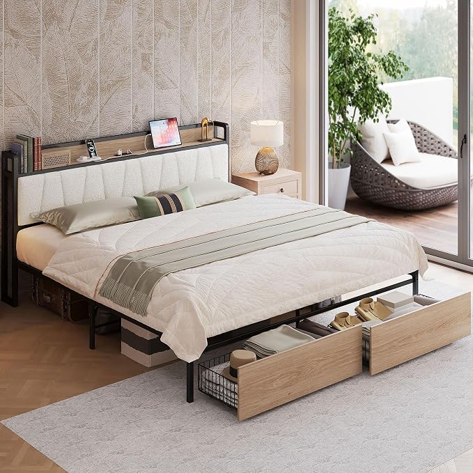 LIKIMIO King Size Bed Frame with 2 Drawers and Charging Station | Platform Bed with Upholstered Storage Headboard, No Box Spring Needed, Easy Assembly, Sturdy, Wood and Cream