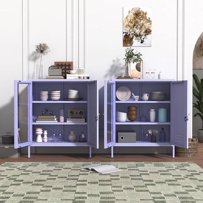 Metal Cabinet Metal Bathroom Storage Cabinet Metal Storage Cabinets with Glass Door and Adjustable Shelves Cabinet Storage for Coffee Bar for Homes, Living Rooms and Offices Purple 33''H