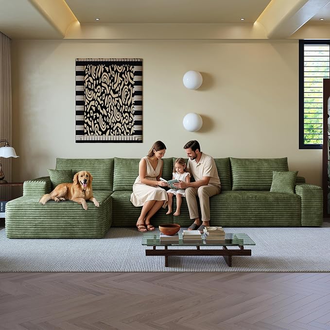 AUGOP 136" Sectional Couches for Living Room Modern Modular Sofa with L-Shape Couchs Upholstered Boneless Couch Deep Seat Sectional Couch with Chaise (Green, Left Facing Chaise+3Seaters)