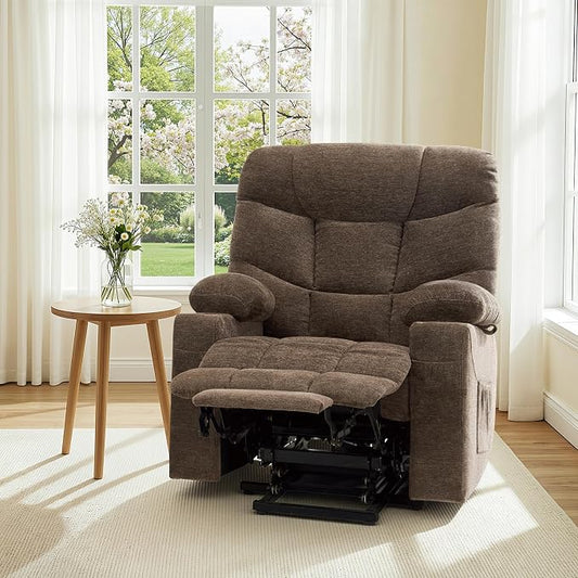 MCombo Oversized Power Lift Recliner Chair with Extended Footrest, Extra Wide for Big and Tall Elderly People, Fabric R7289 (Brown, Medium-Wide)