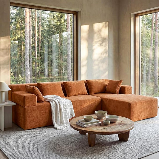 MONVANE 106" Cloud Sectional Couch with L-Shaped Chaise, Modular Sectional Sofa with Deep Seat and Removable Armrests, Comfy Chenille Boneless Couches for Living Room, No Assembly Required, Orange
